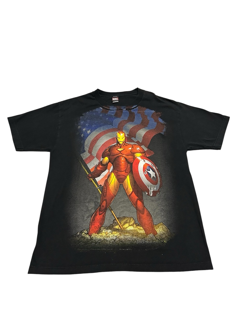 Vintage Y2K Men’s Large Marvel Iron Man American Flag T-Shirt